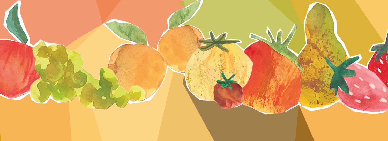 illustrations fruits à la main et papier découpé, aquarelle, crayon de couleurs Emma Brunel