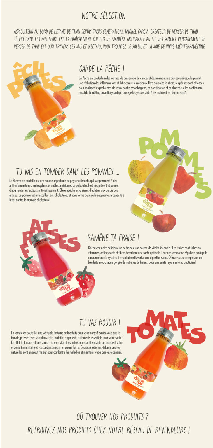 site web avec différents produits : jus de fraises, pommes, tomates, pêches Emma Brunel